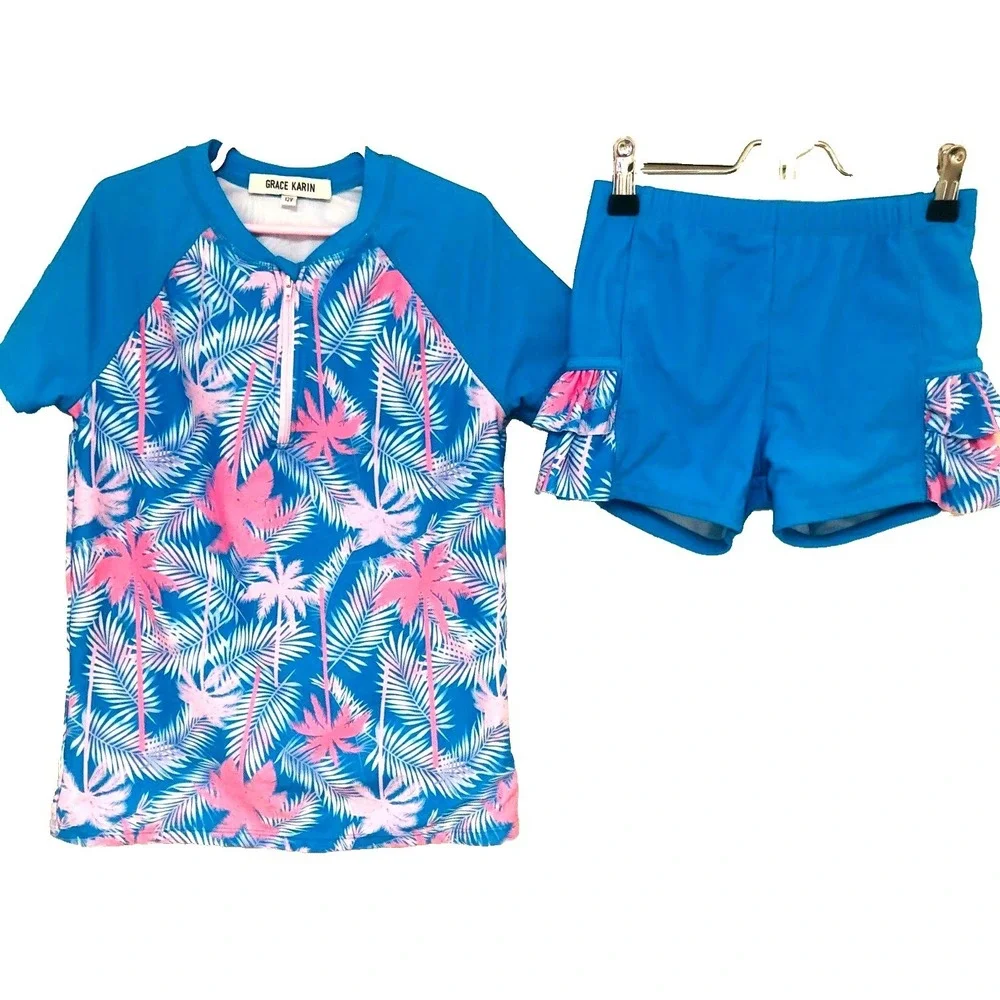 Grace Karin Rash Guard Swim Set 2 PC Shorts Outfit Beachy Coastal Girls 12‎